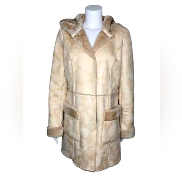 JOHNSTON & MURPHY VEGAN FAUX SHEEPSKIN LONG HOODED FUR LINED COAT WOMENS SIZE L - Picture 1 of 15